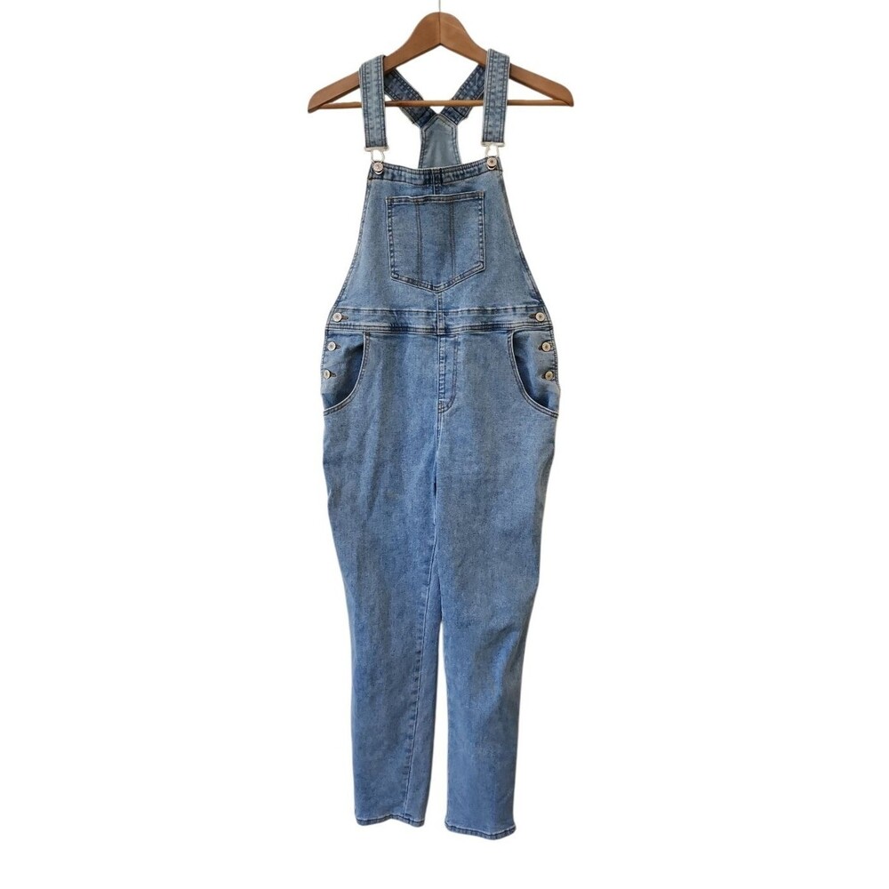 Womens Blue Denim Bib Overalls Size Medium One-Piece Bib Jumpsuit Pockets Farm
